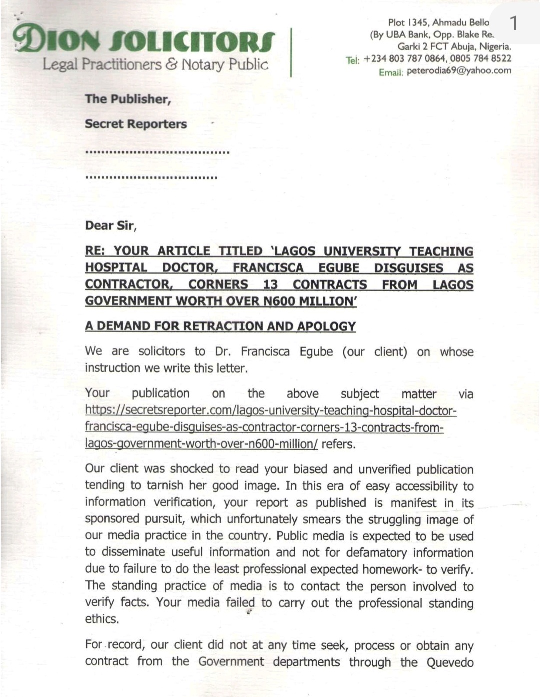 Lawyers of LUTH doctor, Franscisca Egube write Nigerian website over 